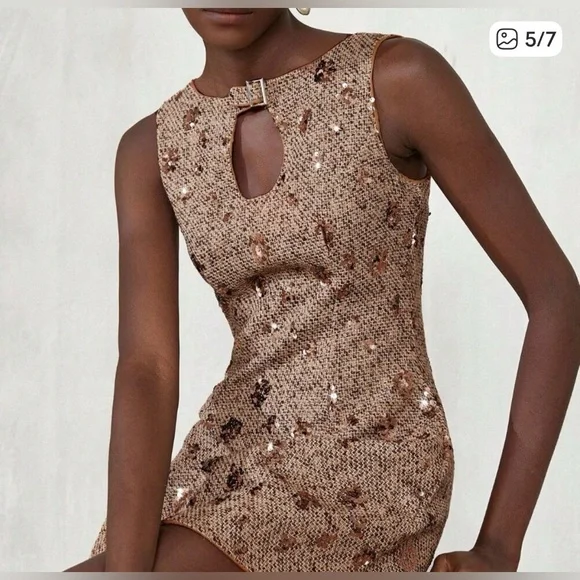 Brown Party Women's Mixed Tweed Fabric With Sequins Design mini Dress. - Picture 3 of 13